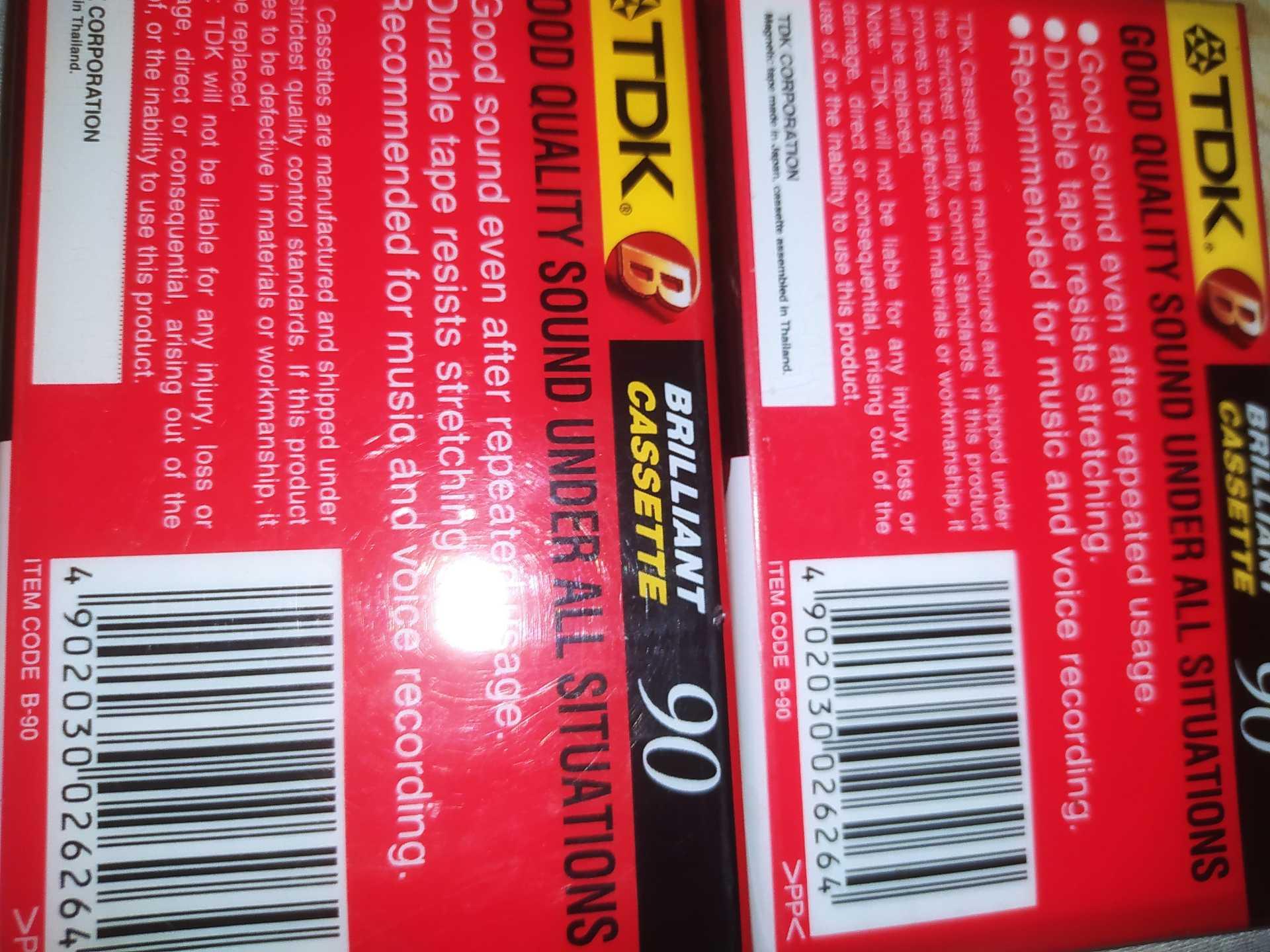 Vintage TDK Brilliant B90 & B60 Blank Audio Cassette Tapes – Brand New Factory Sealed (NOS)DescriptionOriginal TDK Brilliant blank audio cassette tapes.These are New Old Stock (NOS), factory sealed, never opened or used.Available:TDK Brilliant B90 – 90 Minutes (45 min per side)TDK Brilliant B60 – 60 Minutes (30 min per side)Specifications:Brand: TDKModel: Brilliant B60 / B90Tape Type: Type I (Normal Bias)Condition: Brand New – Factory SealedIdeal for music recording, voice recording, collectors, and analog audio enthusiasts.Original jewel case with insert.Carefully stored.Quantity Available:B90: 6B60: 2Bulk orders are welcome.Please contact me if you need additional photos or would like to purchase multiple items.KeywordsTDK, Blank Cassette, Audio Cassette, Type I, Normal Bias, Vintage Audio, Analog Recording, Factory Sealed, NOS, Cassette Collector, Mixtape, Retro Audio, Music Recording.TDK Brilliant B90 & B60 Blank Audio Cassette – NEW Factory Sealed NOSNew Old Stock (NOS)Factory SealedOriginal TDKVintage Blank Audio Cassette