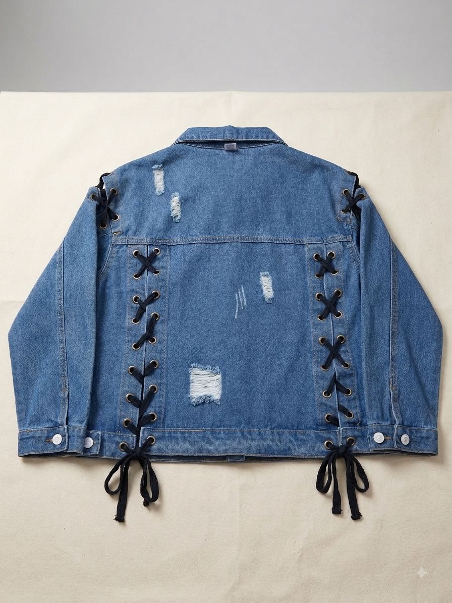 جاكيت جينز أزرق برباط خلفي وأكمام وأجزاء ممزقة (Ripped Denim Jacket)