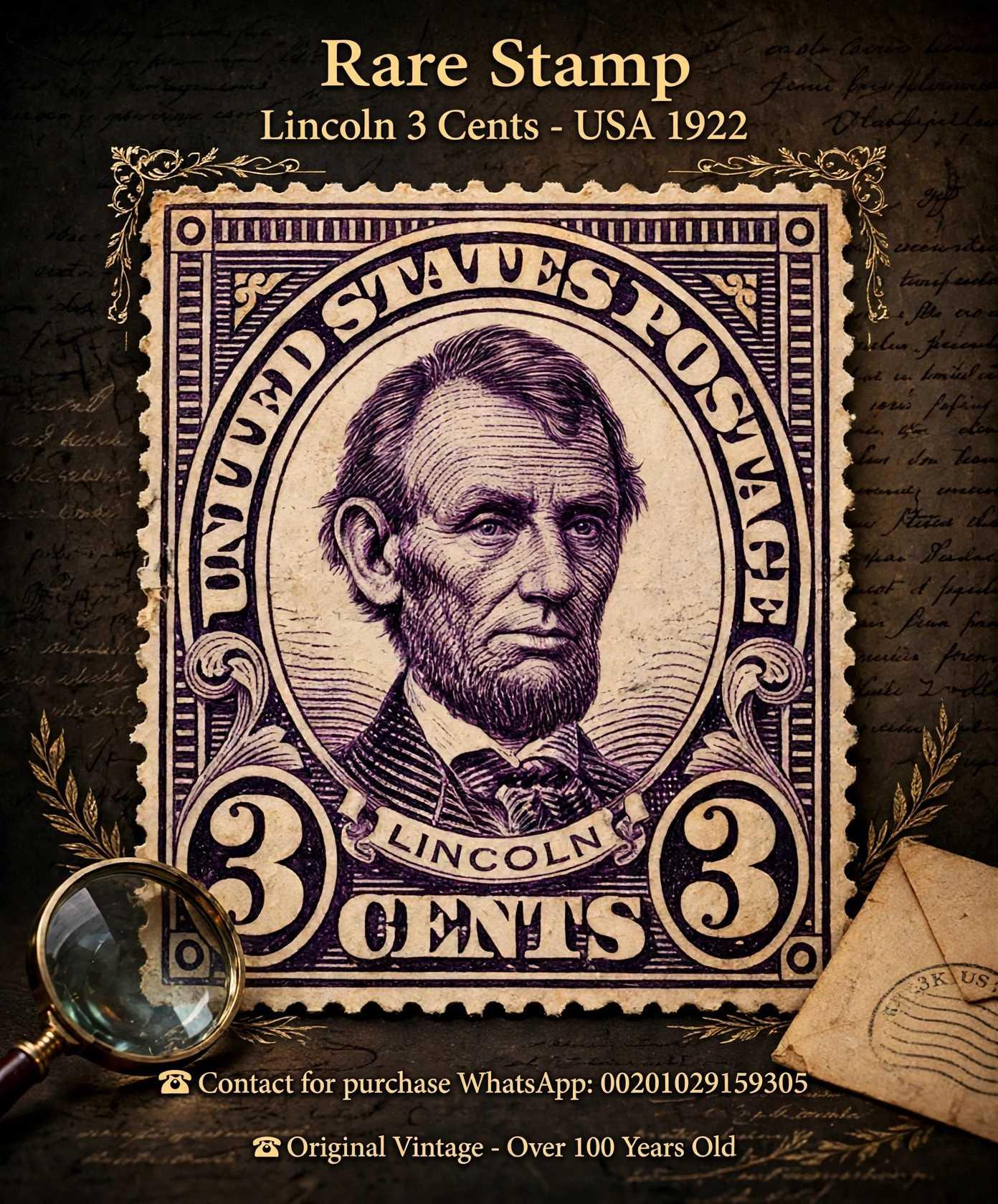 Rare Stamp - Lincoln 3 Cents - USA 1922‏> Original Vintage Stamp - For Collectors‏> Over 100 Years Old - Authentic Used Condition‏>‏> ☎️ Contact for purchase WhatsApp: 00201029159305‏> Original Vintage - Over 100 Years Old‏ — 1/2