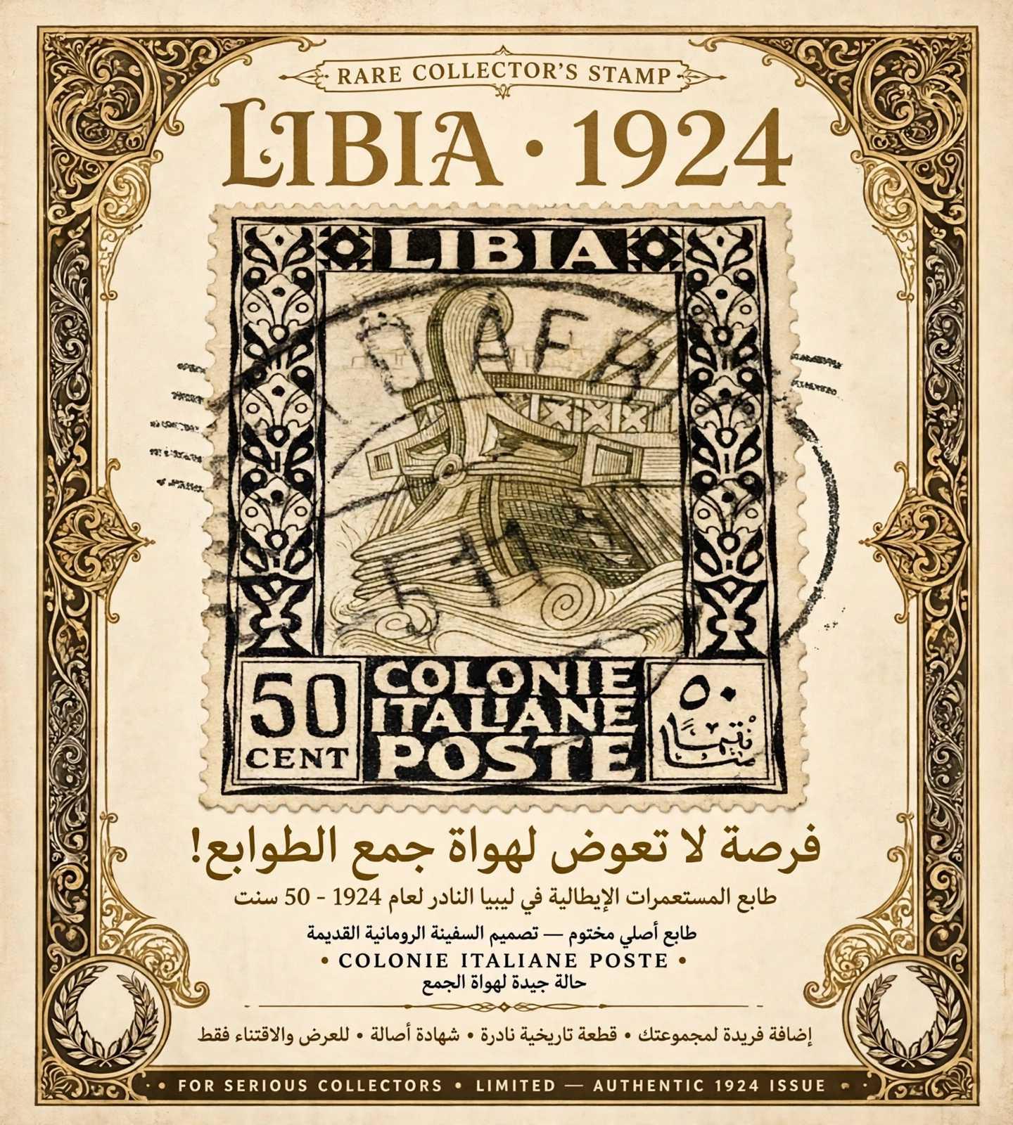 *🔥 فرصة لا تعوض لهواة جمع الطوابع! 🔥**طابع ليبيا الإيطالية النادر 1924**LIBIA 50 CENT - COLONIE ITALIANE POSTE*📌 *المواصفات:*- الإصدار: 1924 - 1940 سلسلة المركب الروماني القديم- الفئة: 50 سنت- الحالة: أصلي مختوم - ختم طرابلس واضح- مكتوب بالعربي: 50 نصف قرش- العمر: أكثر من 100 سنة💰 *قطعة تاريخية نادرة من أيام الاحتلال الإيطالي لليبيا*يصلح للاقتناء والاستثمار لهواة الطوابع الكلاسيكية والمستعمرات الإيطالية.✅ طابع أصلي 100%✅ حالة جيدة بالنسبة لعمره✅ إضافة فريدة لمجموعتك*للجادين فقط *التواصل: واتس اب00201029159305#طوابع_نادرة #ليبيا_الإيطالية #طوابع_قديمة #هواة_الطوابع #مستعمرات_إيطالية
